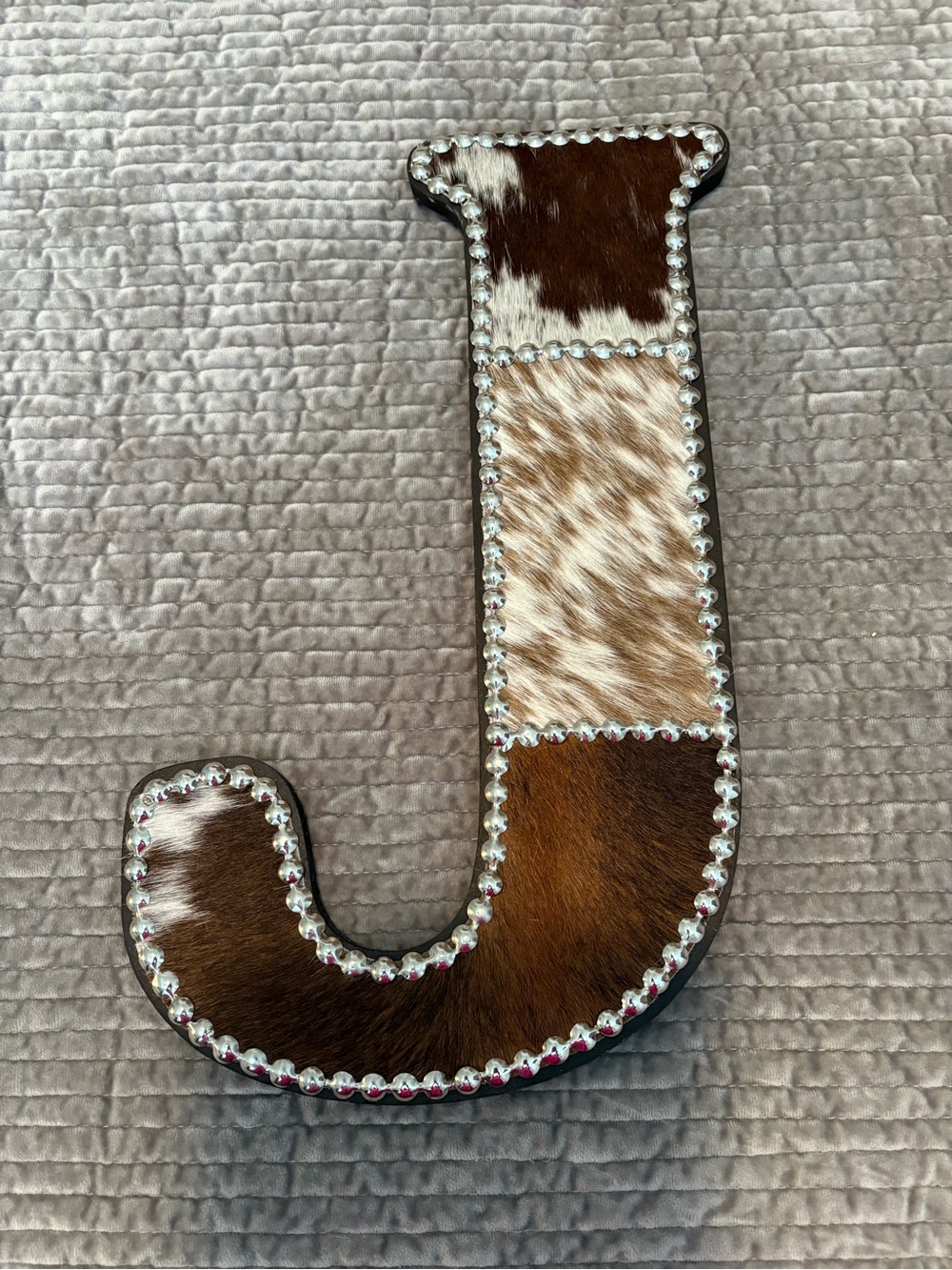 Embellished Cowhide Letter J Wall Accent - Brown & White